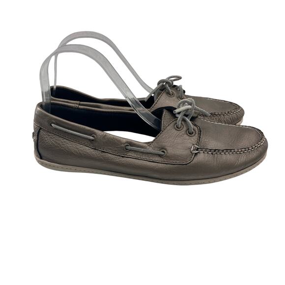L.L. Bean Silver Gray Metallic Leather Slip On Lace Up 2 Eye Boat Shoe Loafer - Picture 3 of 11